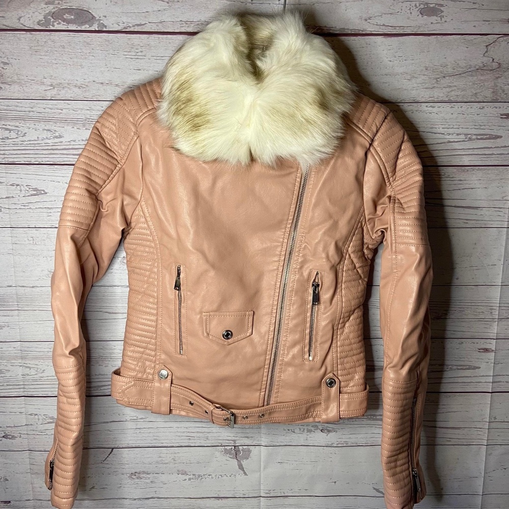 NEW Faux Pink Leather Jacket w/removable collar SMALL